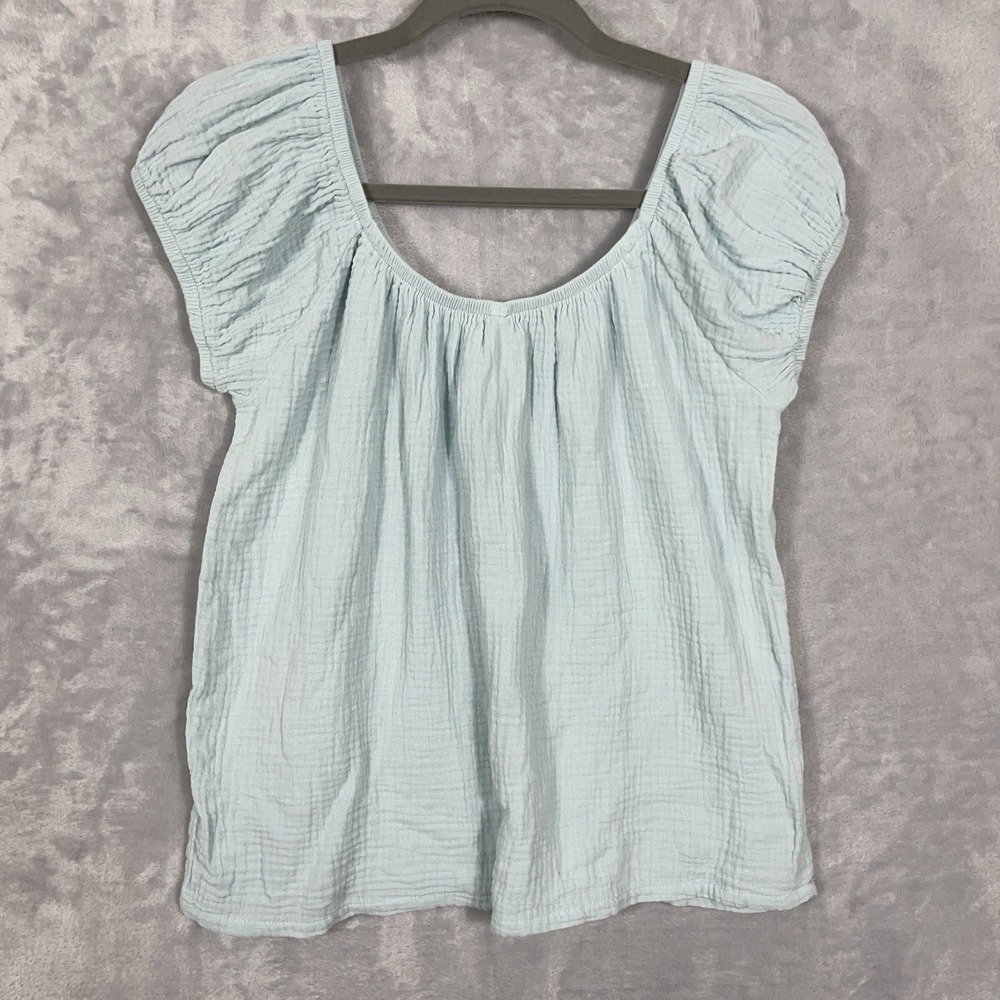 Laura Ashley Top Womens M Blue Short Puff Sleeve Gauze Crinkle Cotton Coastal - Picture 6 of 8
